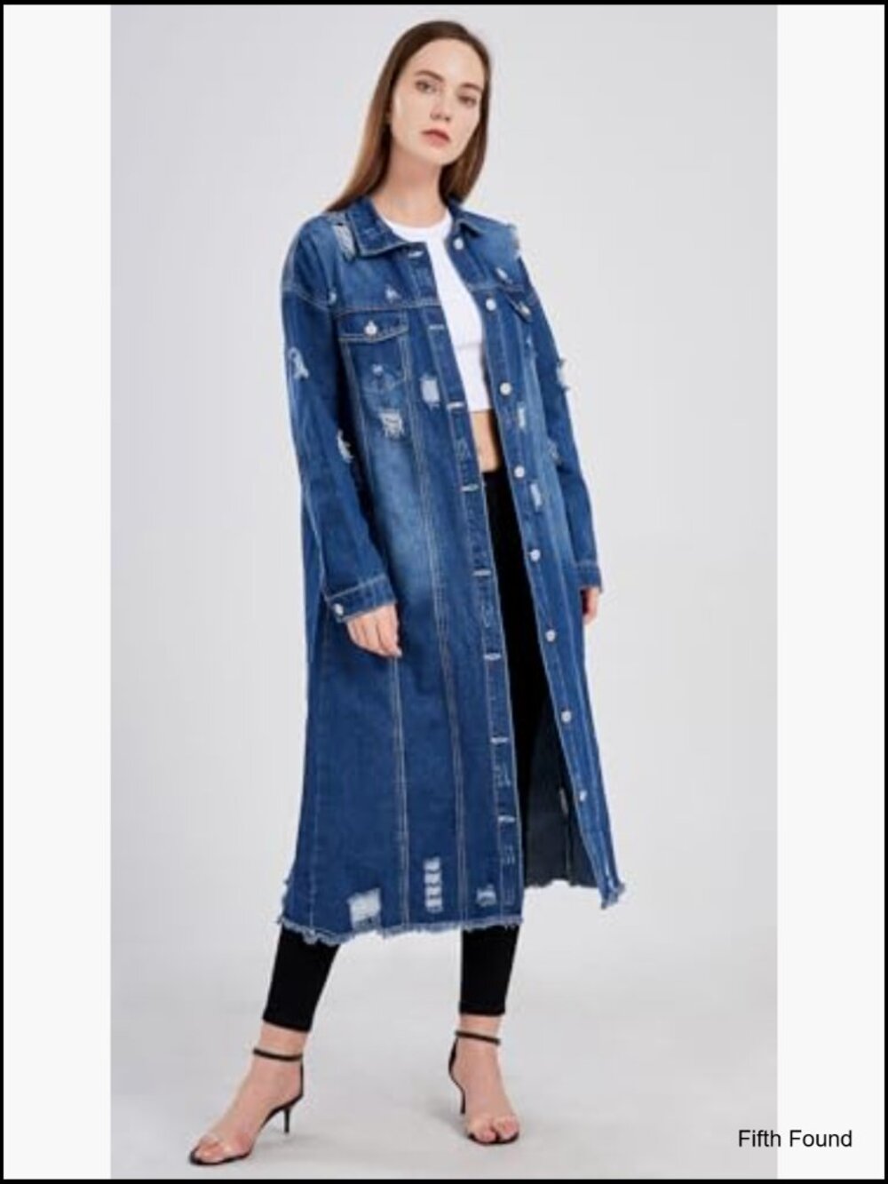 Shredded Distressed Long Denim Duster Coat Jacket Womens Oversized - Picture 3 of 7